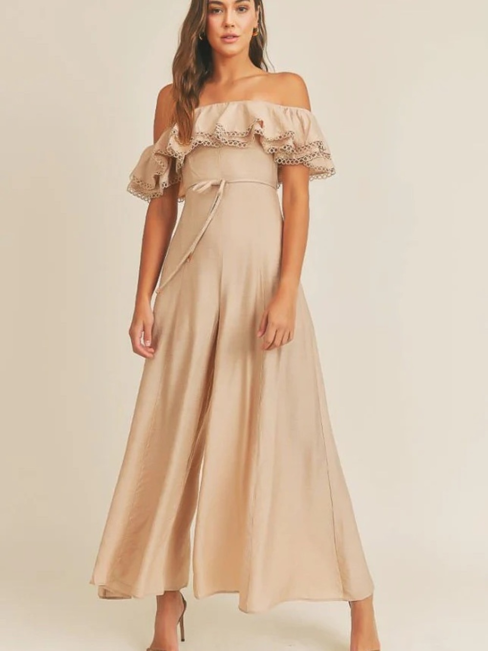 Off-Shoulder Pink Lace-Trim Jumpsuit